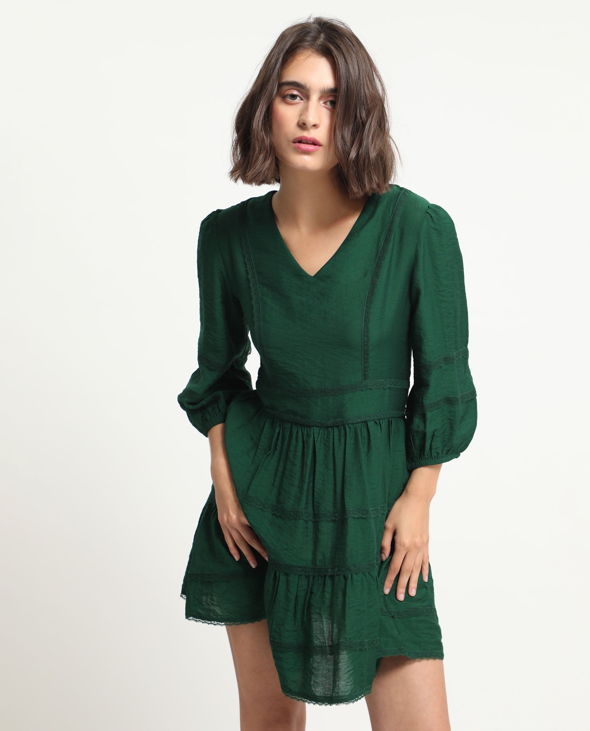 Rareism Women's Alexa Dark Green Viscose V-Neck Plain Balloon Sleeve Mini Regular Fit Dress
