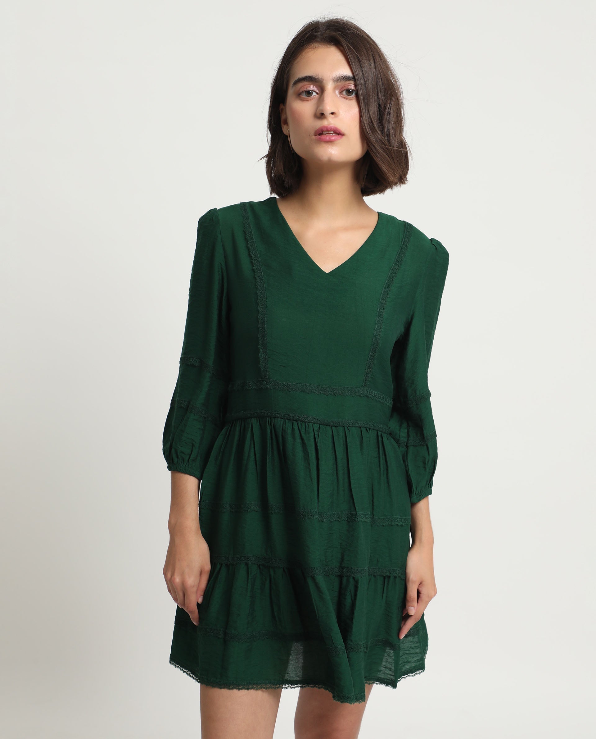 Rareism Women's Alexa Dark Green Viscose V-Neck Plain Balloon Sleeve Mini Regular Fit Dress