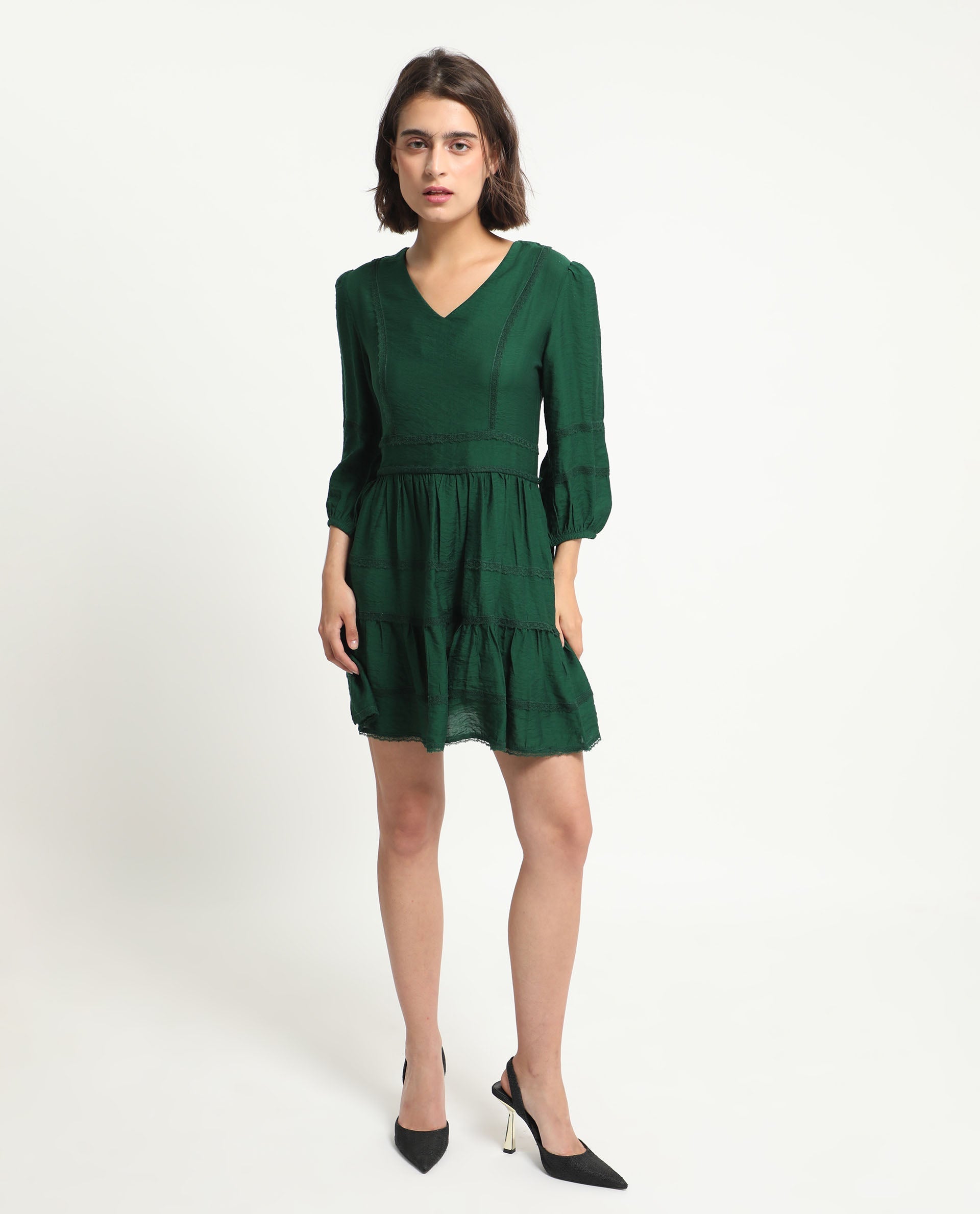 Rareism Women's Alexa Dark Green Viscose V-Neck Plain Balloon Sleeve Mini Regular Fit Dress