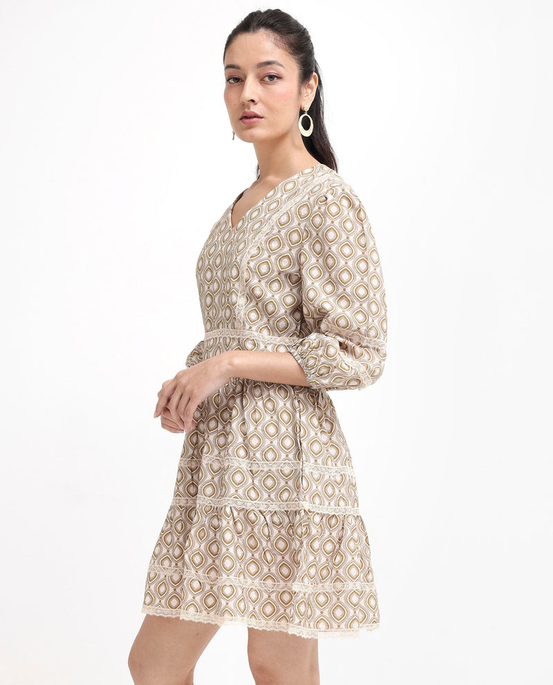 Rareism Women Alexo Beige Puff Sleeves V-Neck Zipper Closure Fit And Flare Geometric Print Fit and Flare Mini Dress