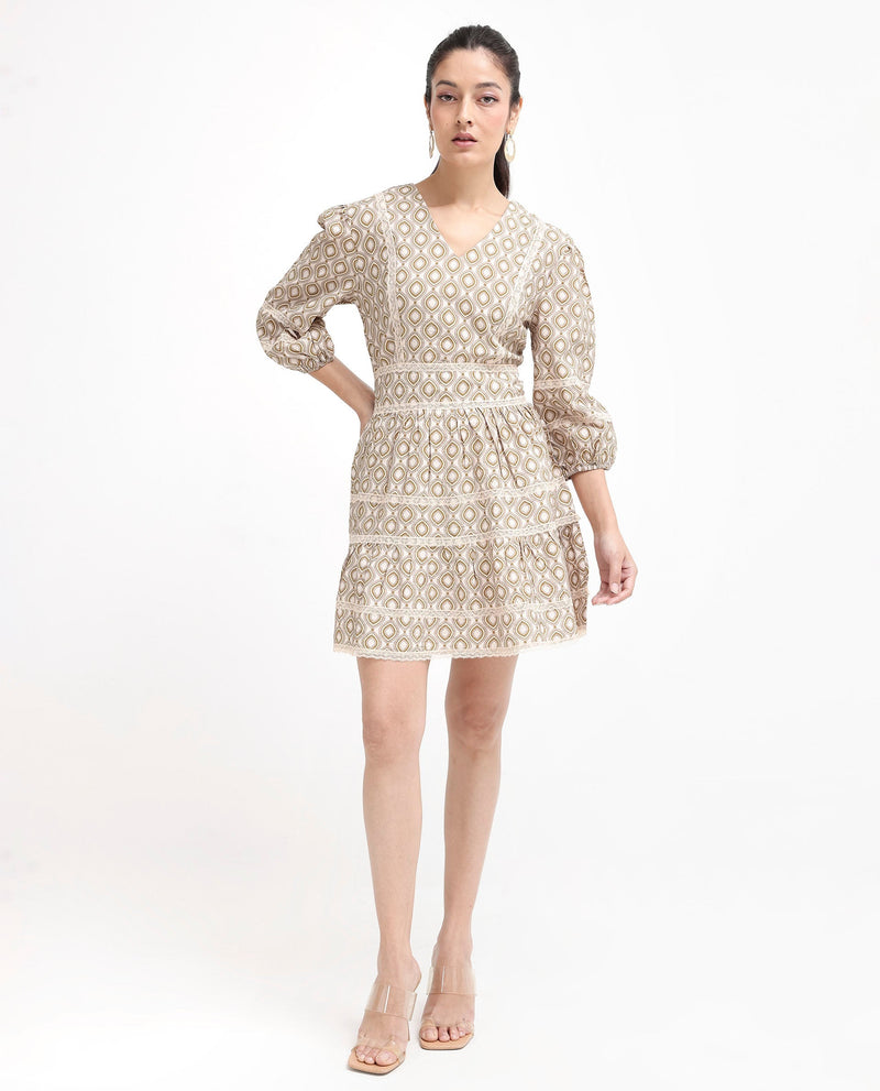 Rareism Women Alexo Beige Puff Sleeves V-Neck Zipper Closure Fit And Flare Geometric Print Fit and Flare Mini Dress