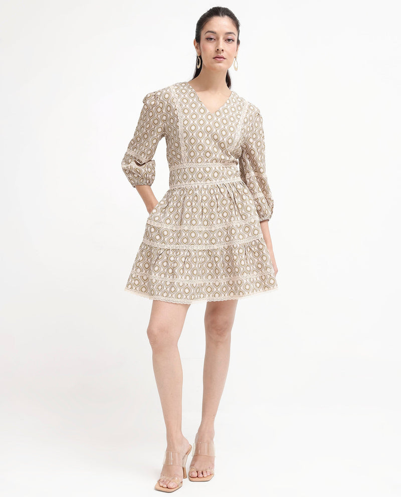 Rareism Women Alexo Beige Puff Sleeves V-Neck Zipper Closure Fit And Flare Geometric Print Fit and Flare Mini Dress