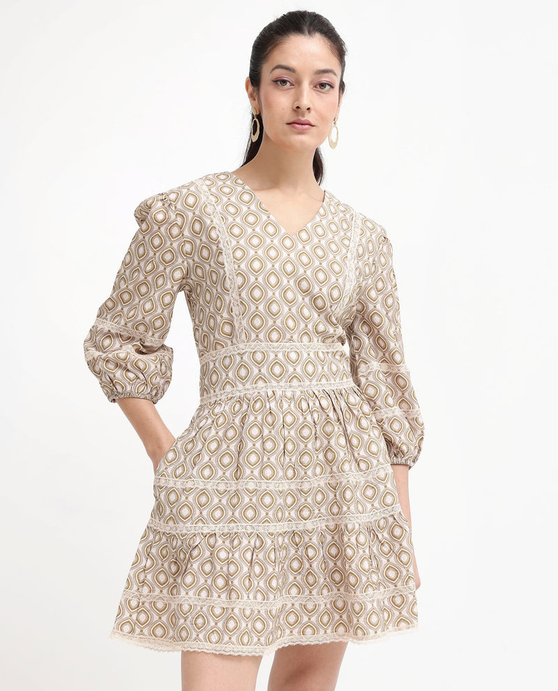 Rareism Women Alexo Beige Puff Sleeves V-Neck Zipper Closure Fit And Flare Geometric Print Fit and Flare Mini Dress