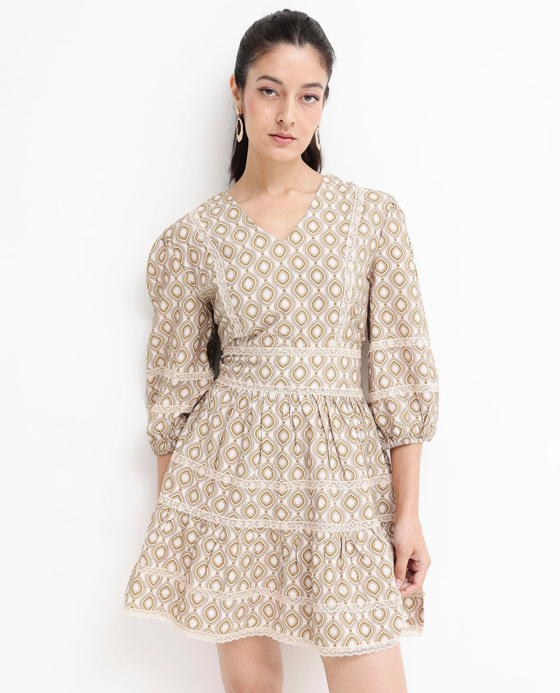 Rareism Women Alexo Beige Puff Sleeves V-Neck Zipper Closure Fit And Flare Geometric Print Fit and Flare Mini Dress