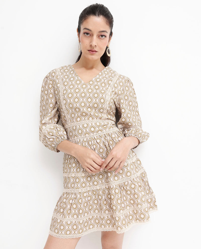 Rareism Women Alexo Beige Puff Sleeves V-Neck Zipper Closure Fit And Flare Geometric Print Fit and Flare Mini Dress