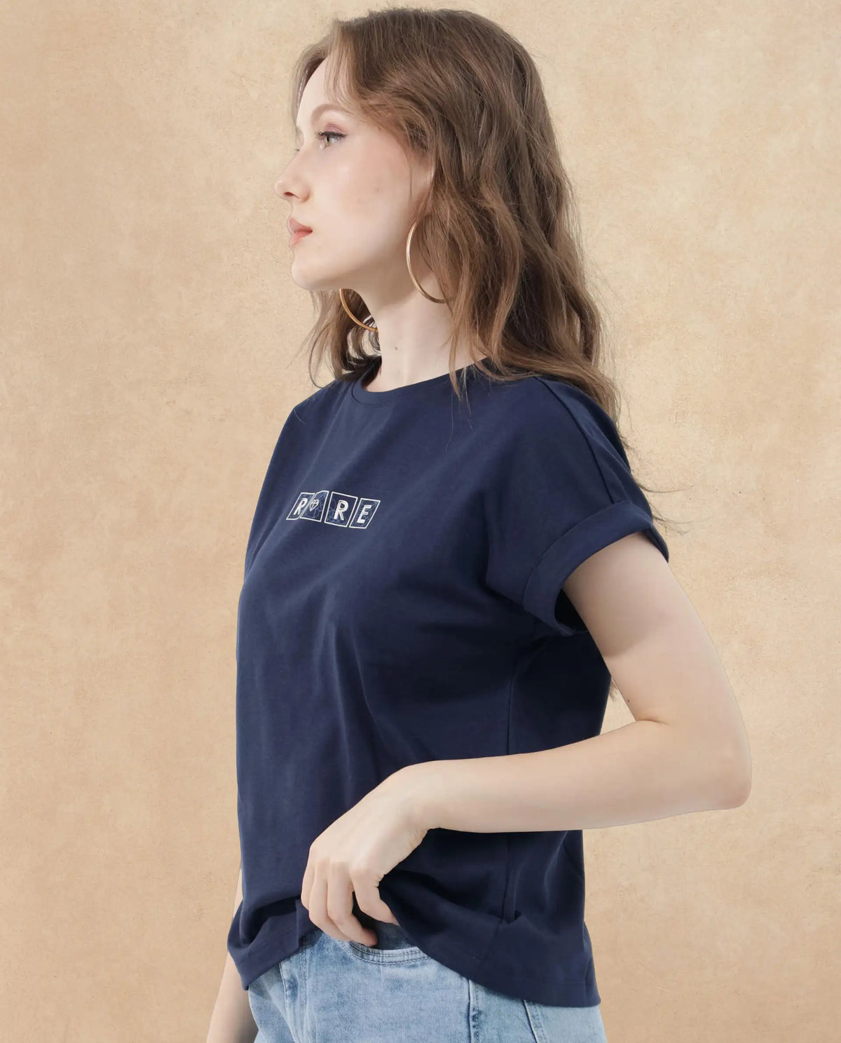 Rareism Women Alexy Dark Navy Cotton Poly Fabric Short Sleeve Crew Neck Solid T-Shirt