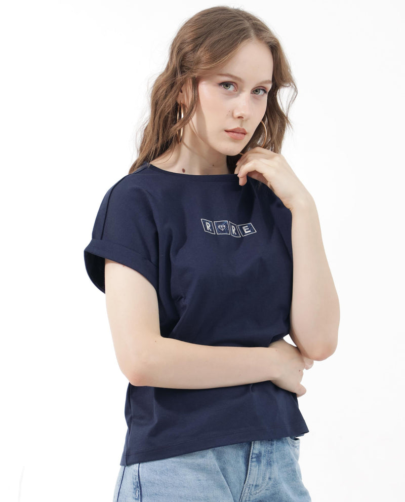 Rareism Women Alexy Dark Navy Cotton Poly Fabric Short Sleeve Crew Neck Solid T-Shirt