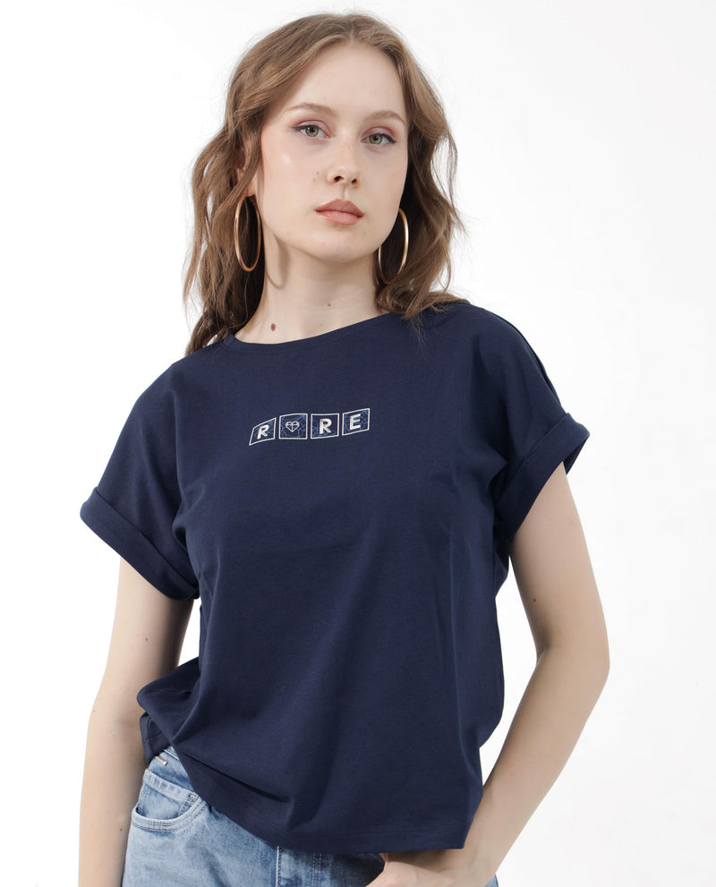 Rareism Women Alexy Dark Navy Cotton Poly Fabric Short Sleeve Crew Neck Solid T-Shirt