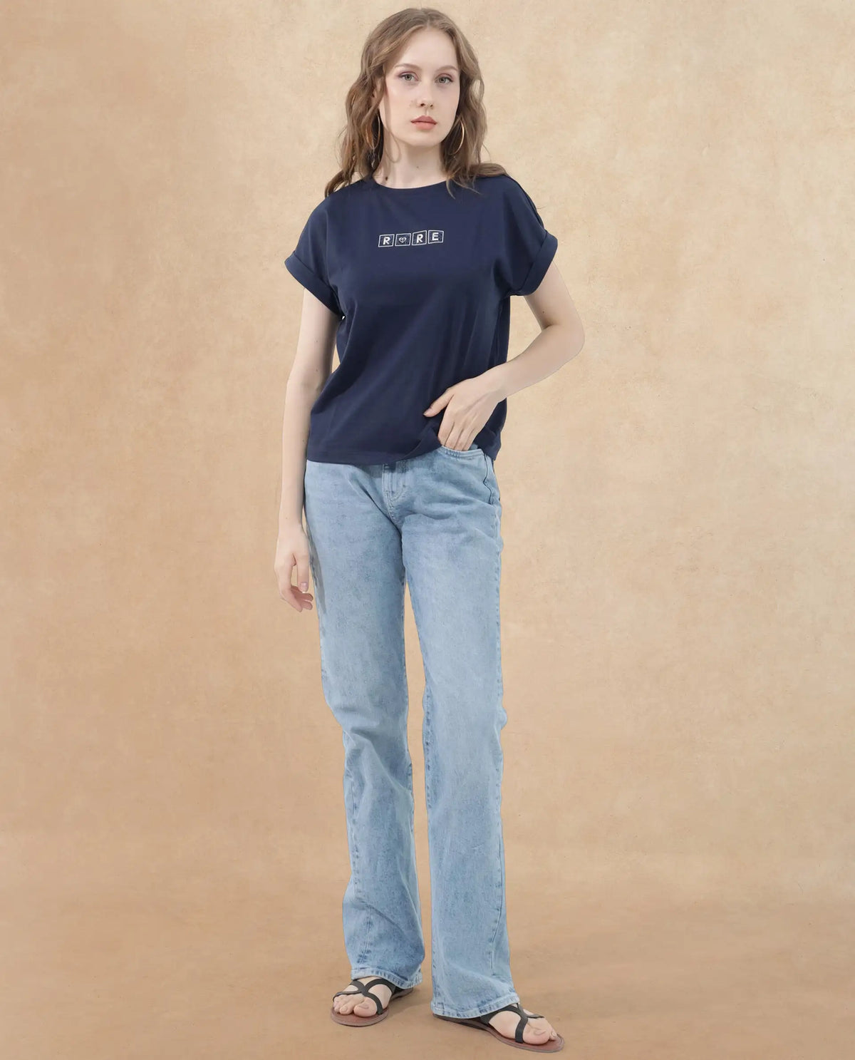 Rareism Women Alexy Dark Navy Cotton Poly Fabric Short Sleeve Crew Neck Solid T-Shirt
