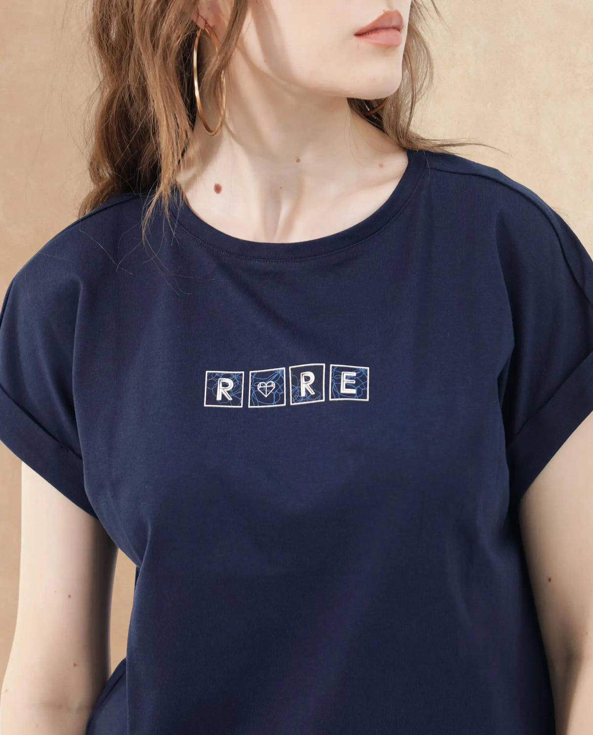 Rareism Women Alexy Dark Navy Cotton Poly Fabric Short Sleeve Crew Neck Solid T-Shirt