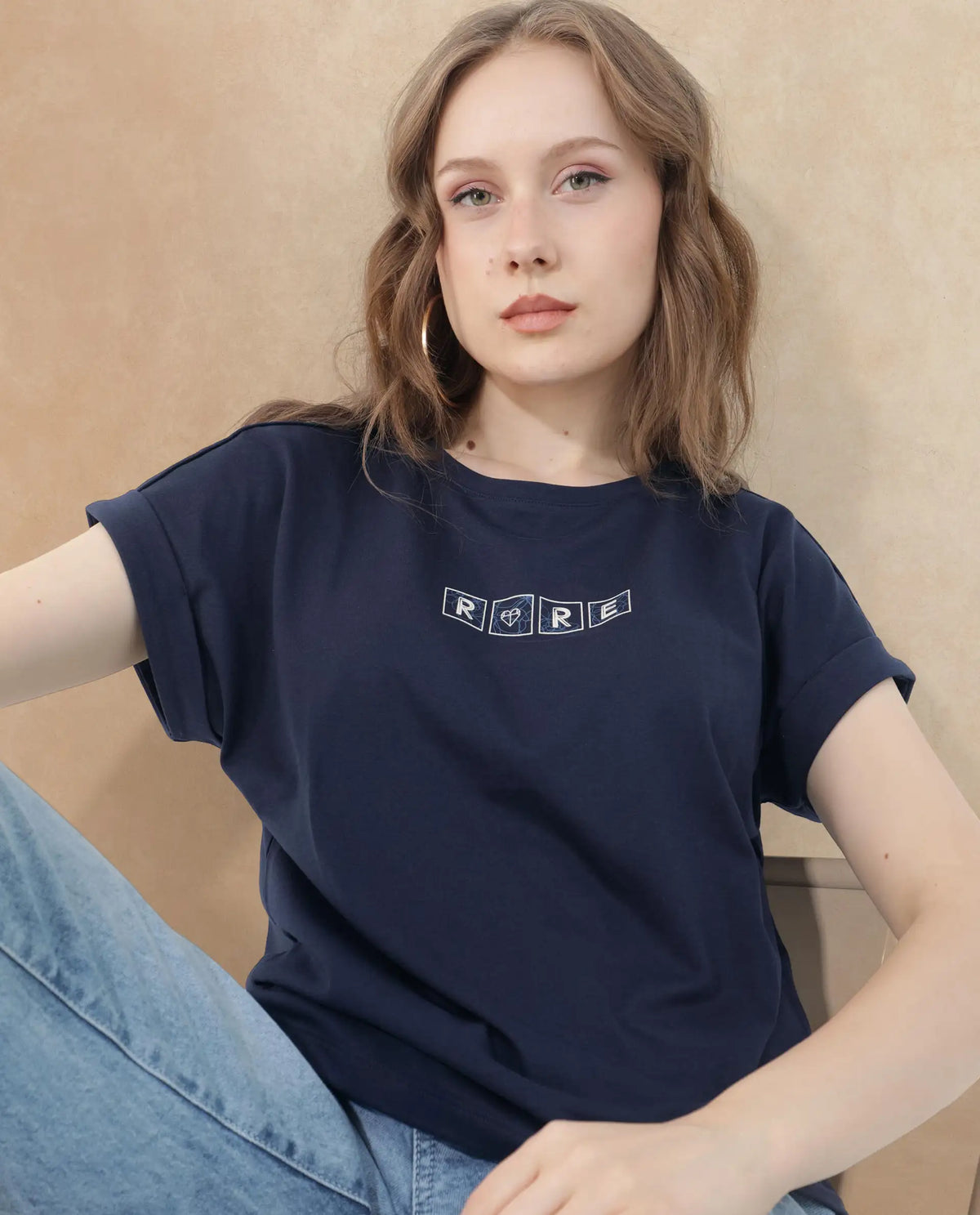 Rareism Women Alexy Dark Navy Cotton Poly Fabric Short Sleeve Crew Neck Solid T-Shirt