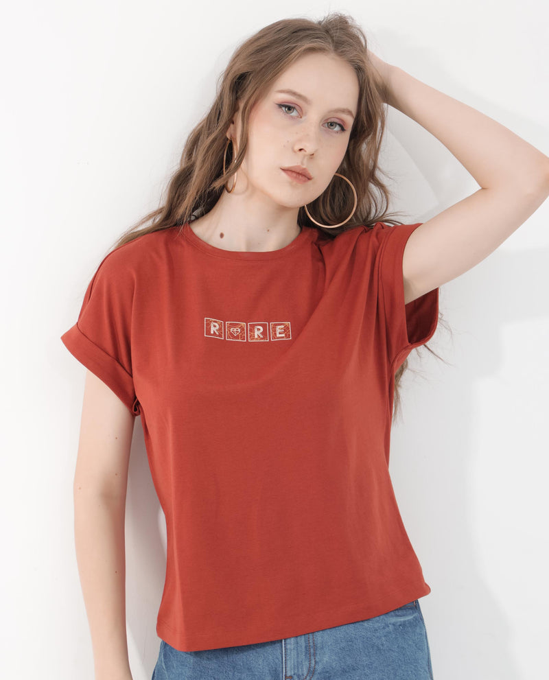 Rareism Women'S Alexy Rust Cotton Poly Fabric Short Sleeve Crew Neck Solid T-Shirt