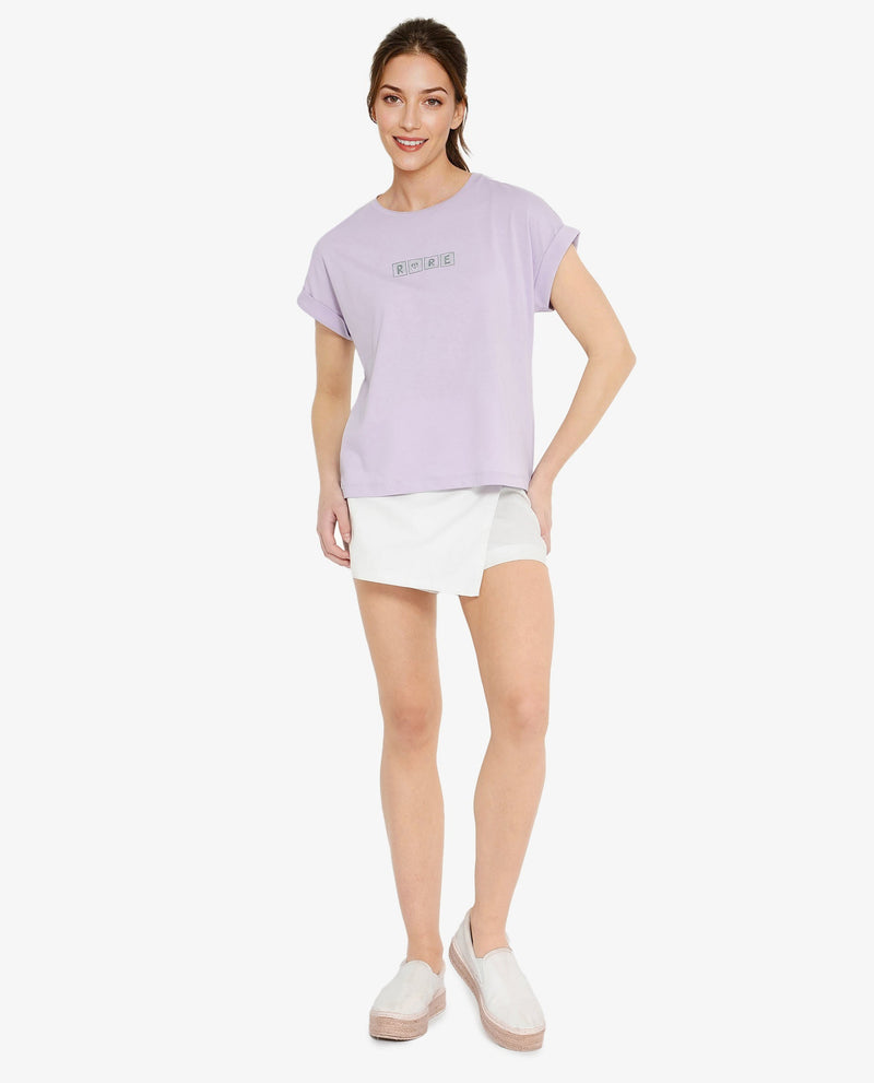 Rareism Women Alexy Pastel Purple Cotton Poly Fabric Short Sleeve Crew Neck Solid T-Shirt