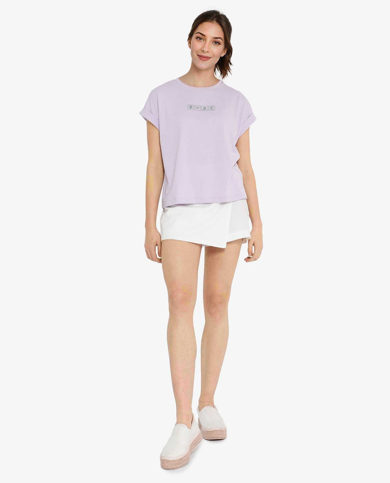 Rareism Women Alexy Pastel Purple Cotton Poly Fabric Short Sleeve Crew Neck Solid T-Shirt