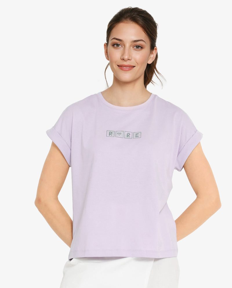 Rareism Women Alexy Pastel Purple Cotton Poly Fabric Short Sleeve Crew Neck Solid T-Shirt