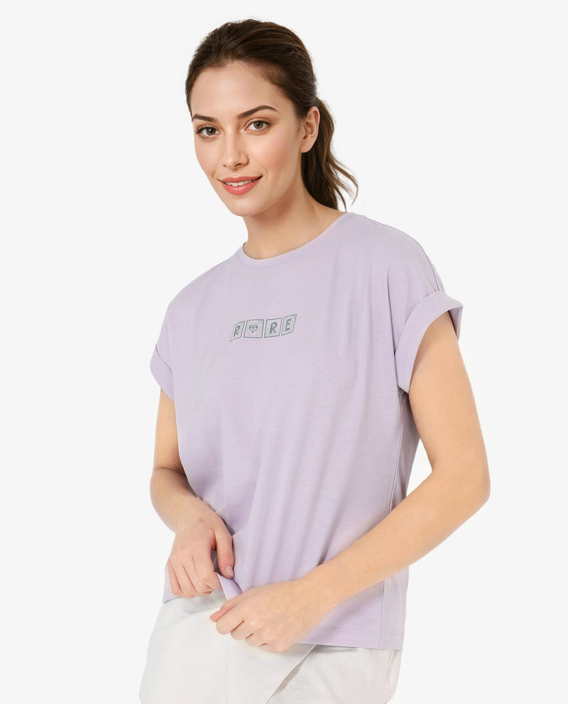 Rareism Women Alexy Pastel Purple Cotton Poly Fabric Short Sleeve Crew Neck Solid T-Shirt