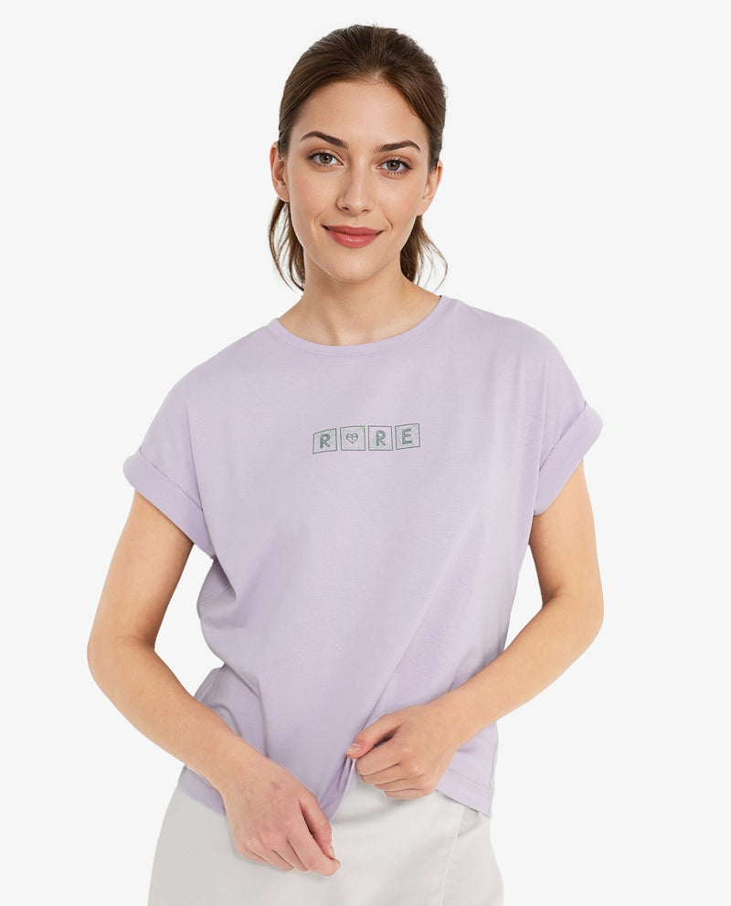 Rareism Women Alexy Pastel Purple Cotton Poly Fabric Short Sleeve Crew Neck Solid T-Shirt