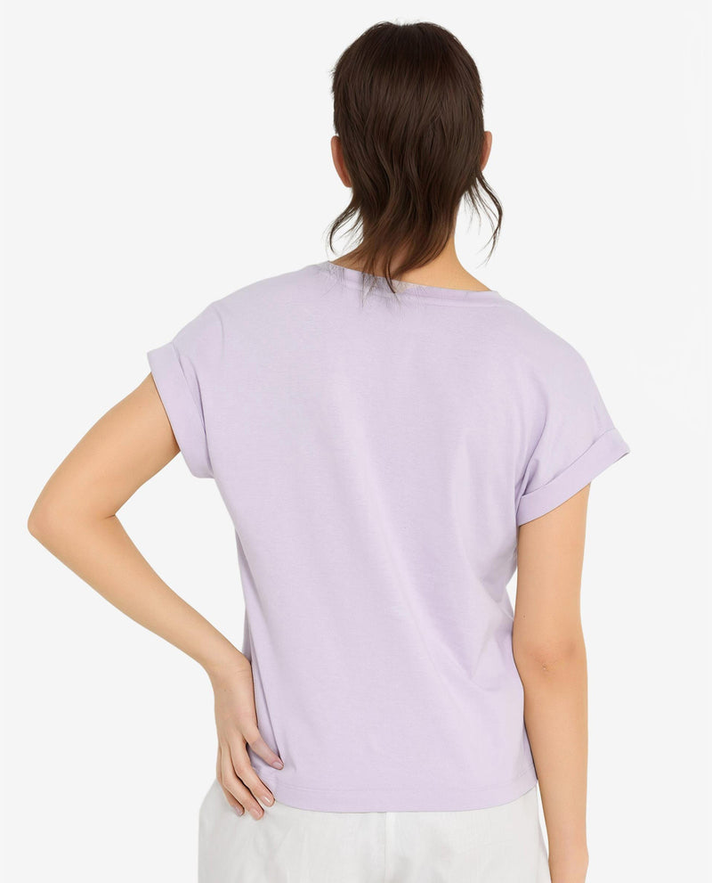 Rareism Women Alexy Pastel Purple Cotton Poly Fabric Short Sleeve Crew Neck Solid T-Shirt