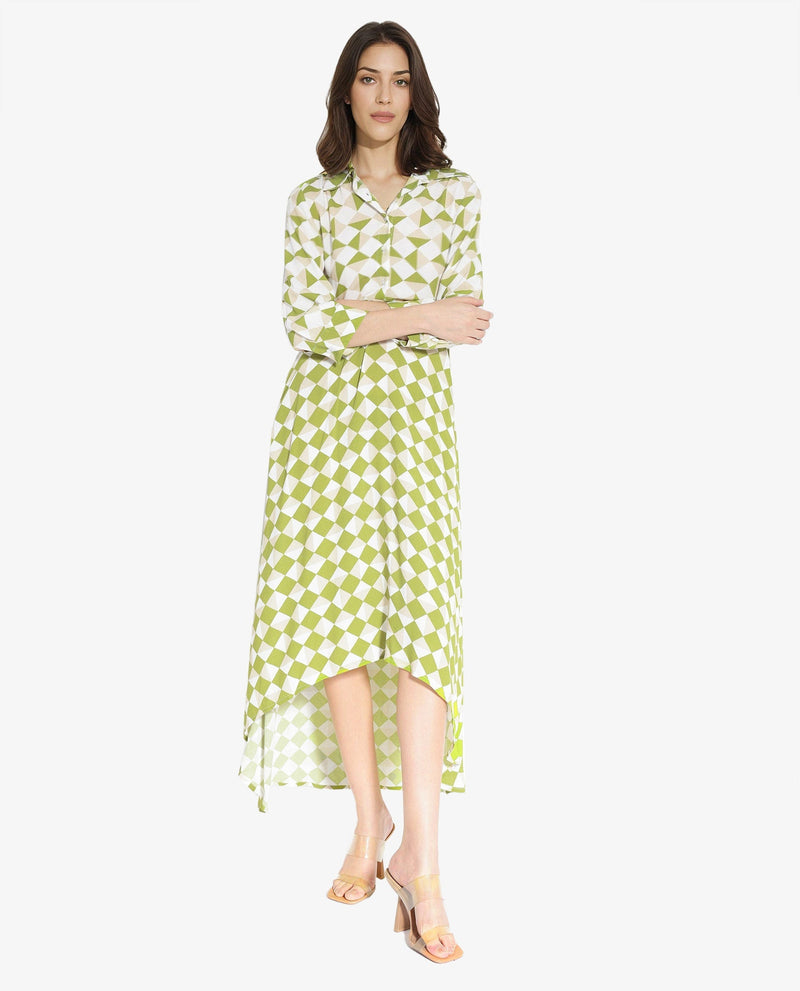 Rareism Women Alice Light Green Cuffed Sleeve Collared Button Flared Geometric Print Maxi Dress