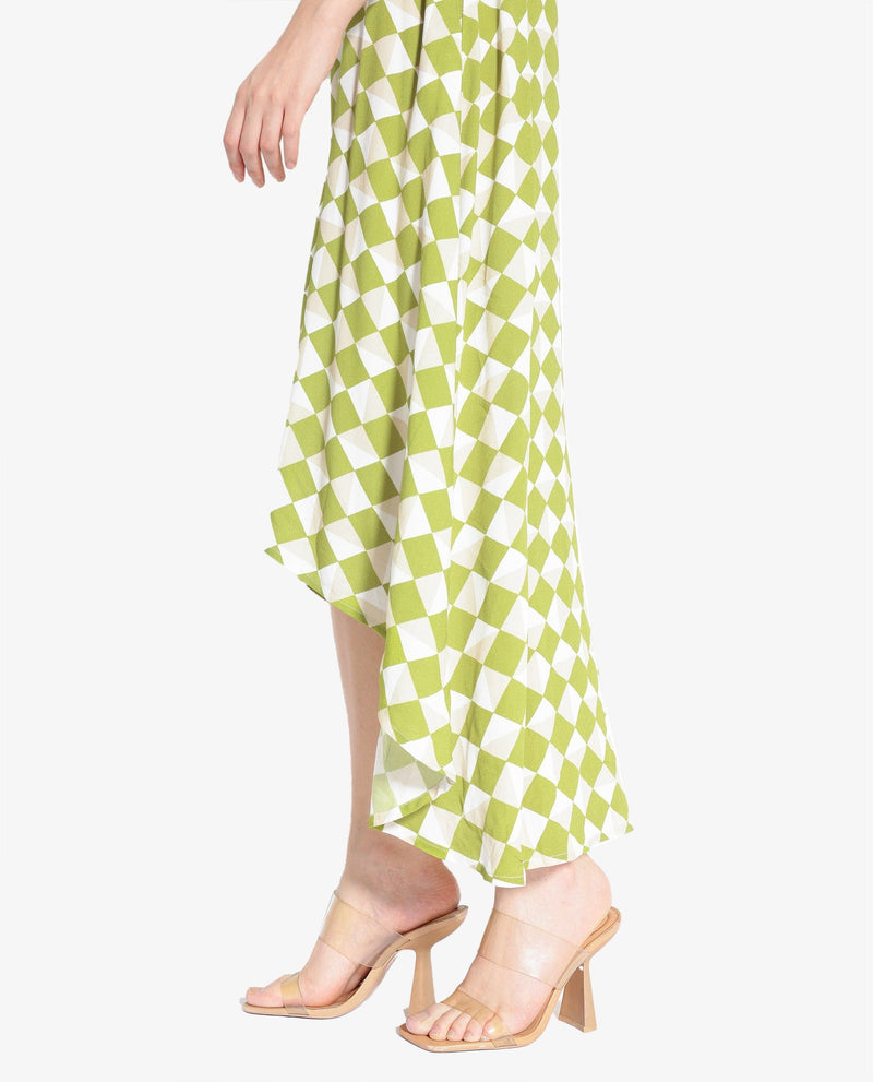 Rareism Women Alice Light Green Cuffed Sleeve Collared Button Flared Geometric Print Maxi Dress