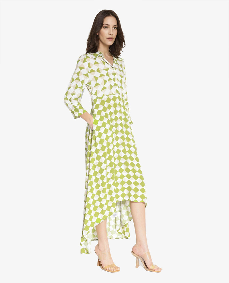 Rareism Women Alice Light Green Cuffed Sleeve Collared Button Flared Geometric Print Maxi Dress