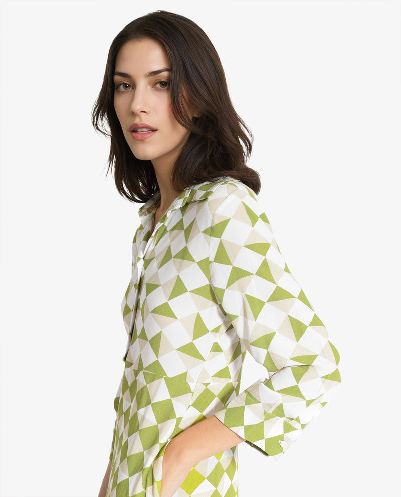 Rareism Women Alice Light Green Cuffed Sleeve Collared Button Flared Geometric Print Maxi Dress