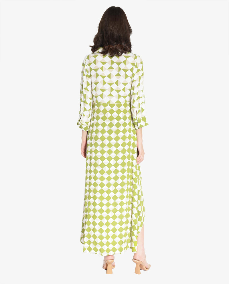 Rareism Women Alice Light Green Cuffed Sleeve Collared Button Flared Geometric Print Maxi Dress