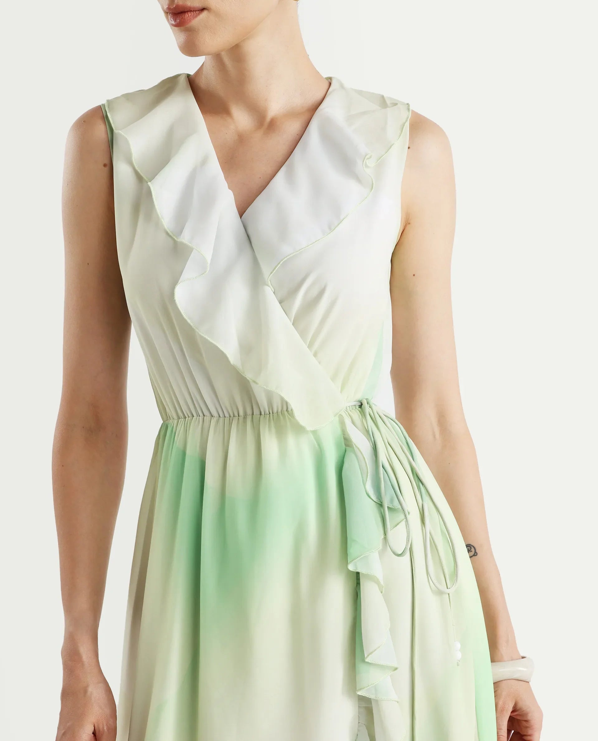 Rareism Women's Alicia Green Polyester Overlap Neck Abstract Print Sleeveless Maxi A-Line Dress