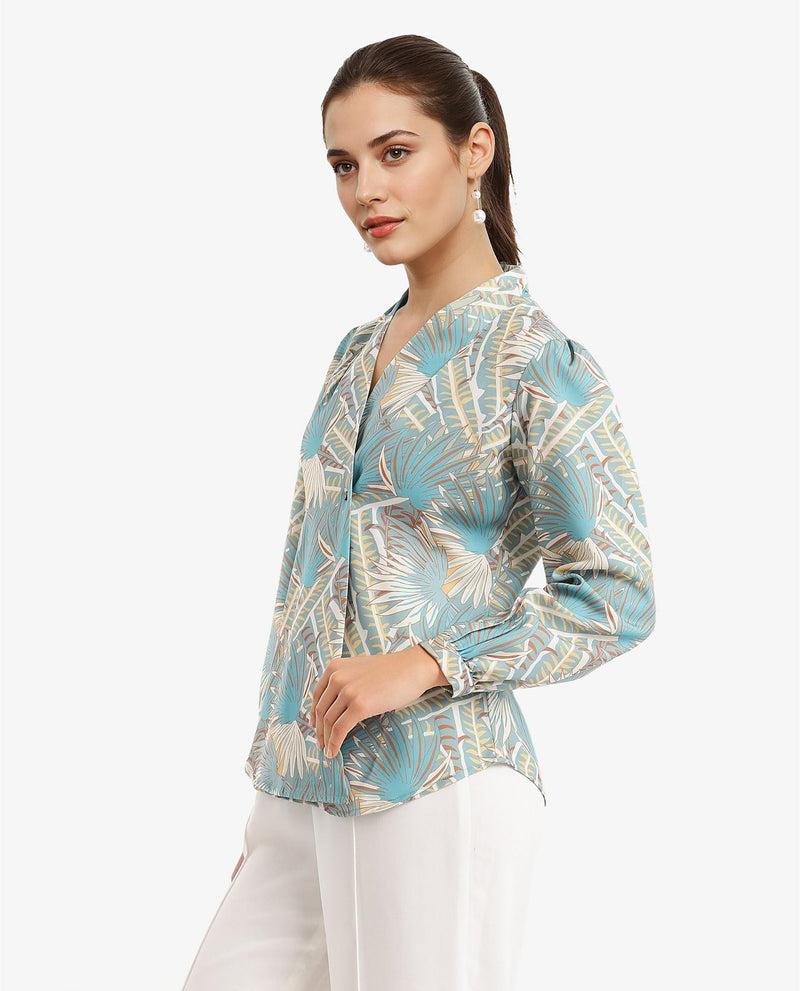 Rareism Women Alici Blue Bishop Sleeve Over Lap Neck Abstract Print Top