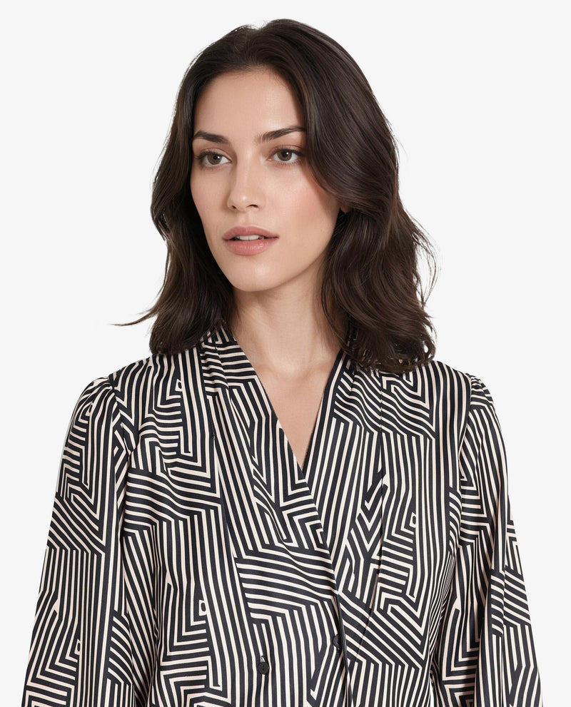 Rareism Women Alie Black Bishop Sleeve Over Lap Neck Geometric Print Top