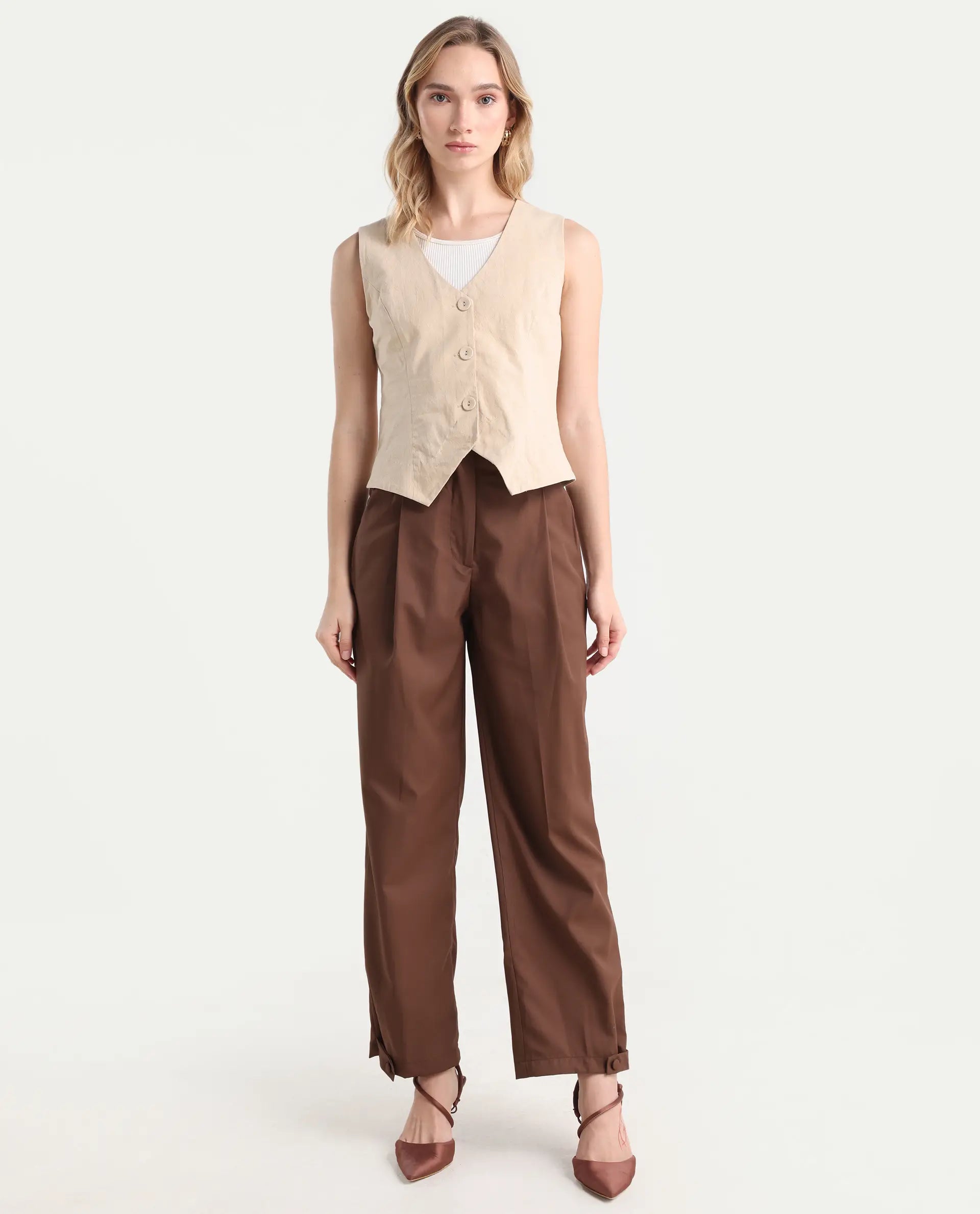 Rareism Women's Alina Brown Cotton Plain Ankle Length Flared Trouser