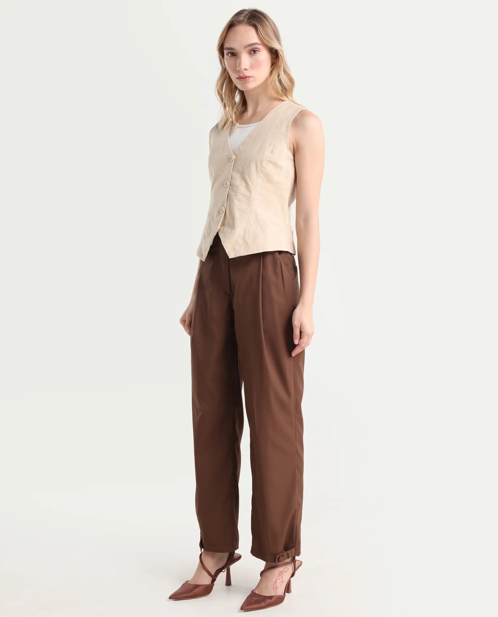 Rareism Women's Alina Brown Cotton Plain Ankle Length Flared Trouser