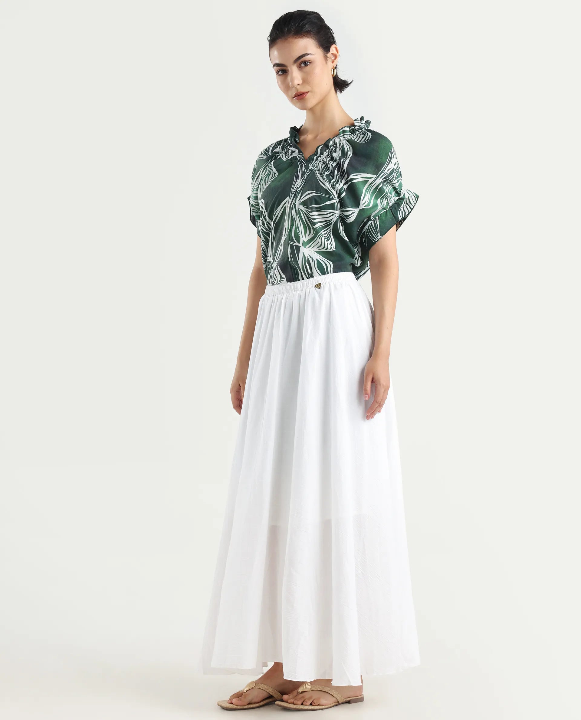 Rareism Women's Alina White Cotton Plain Ankle Length Flared Skirt