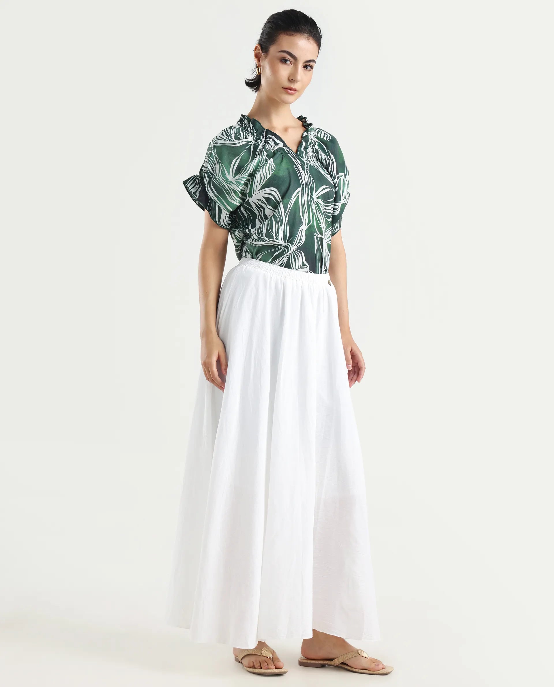 Rareism Women's Alina White Cotton Plain Ankle Length Flared Skirt