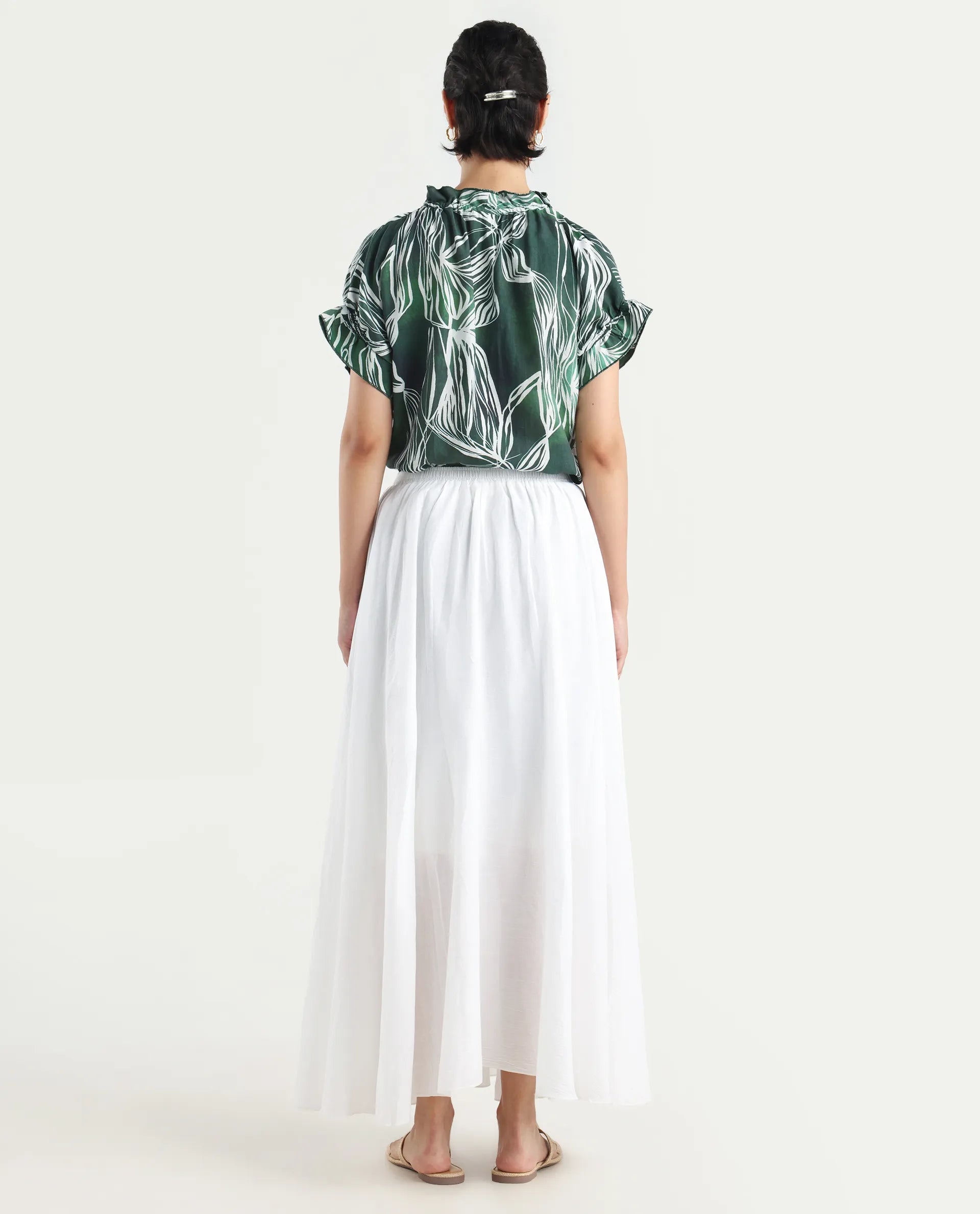 Rareism Women's Alina White Cotton Plain Ankle Length Flared Skirt