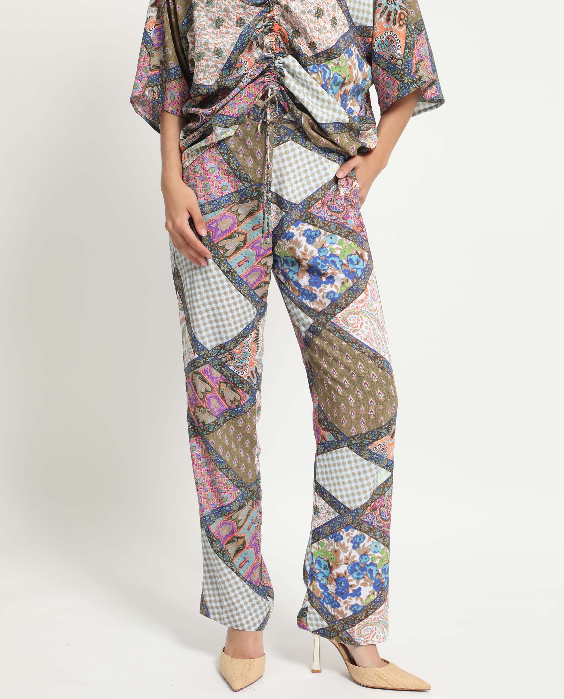 Rareism Women Allan Multi Viscose Fabric Drawstring Closure Tailored Fit Abstract Print Ankle Length Trousers