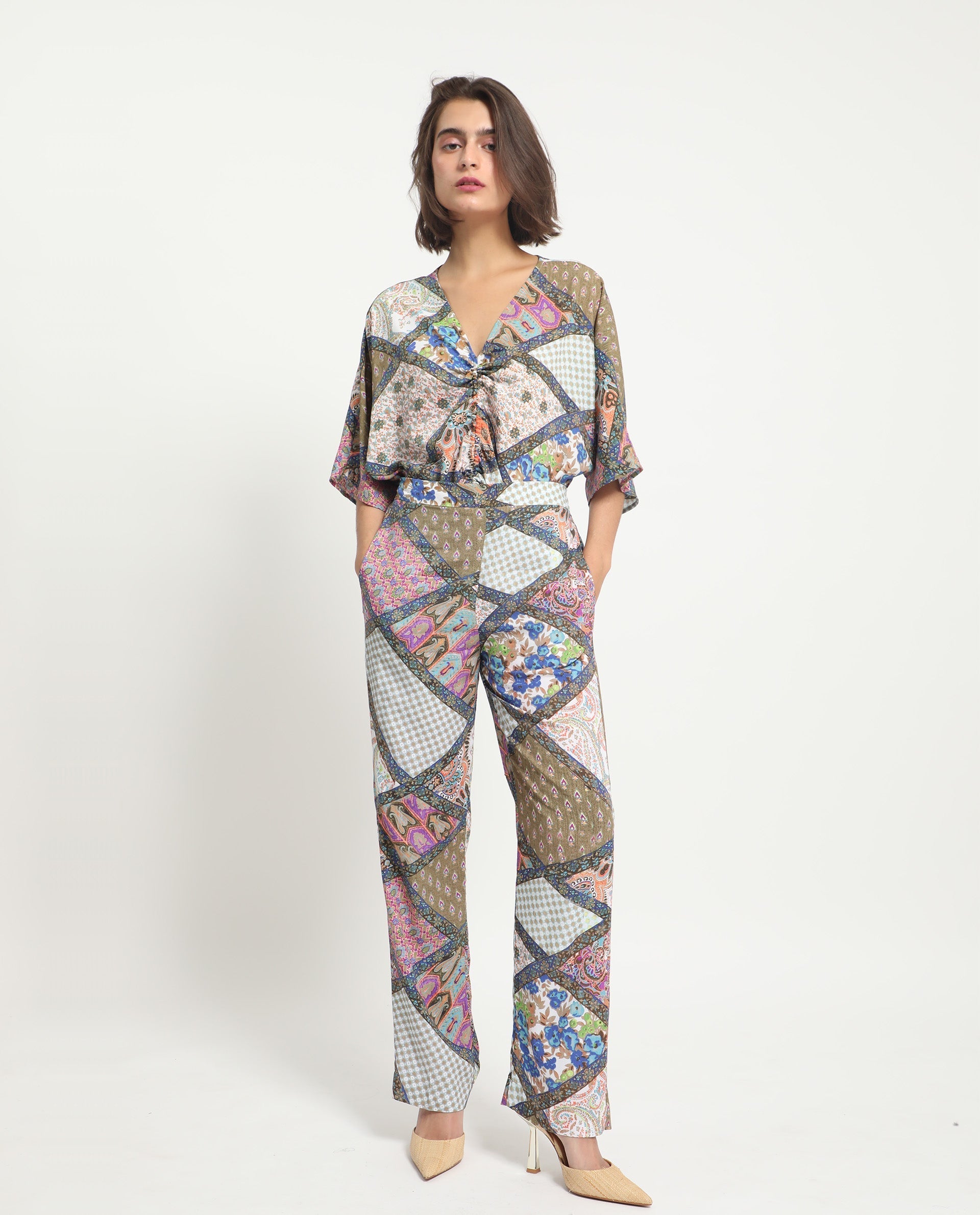 Rareism Women Allan Multi Viscose Fabric Drawstring Closure Tailored Fit Abstract Print Ankle Length Trousers
