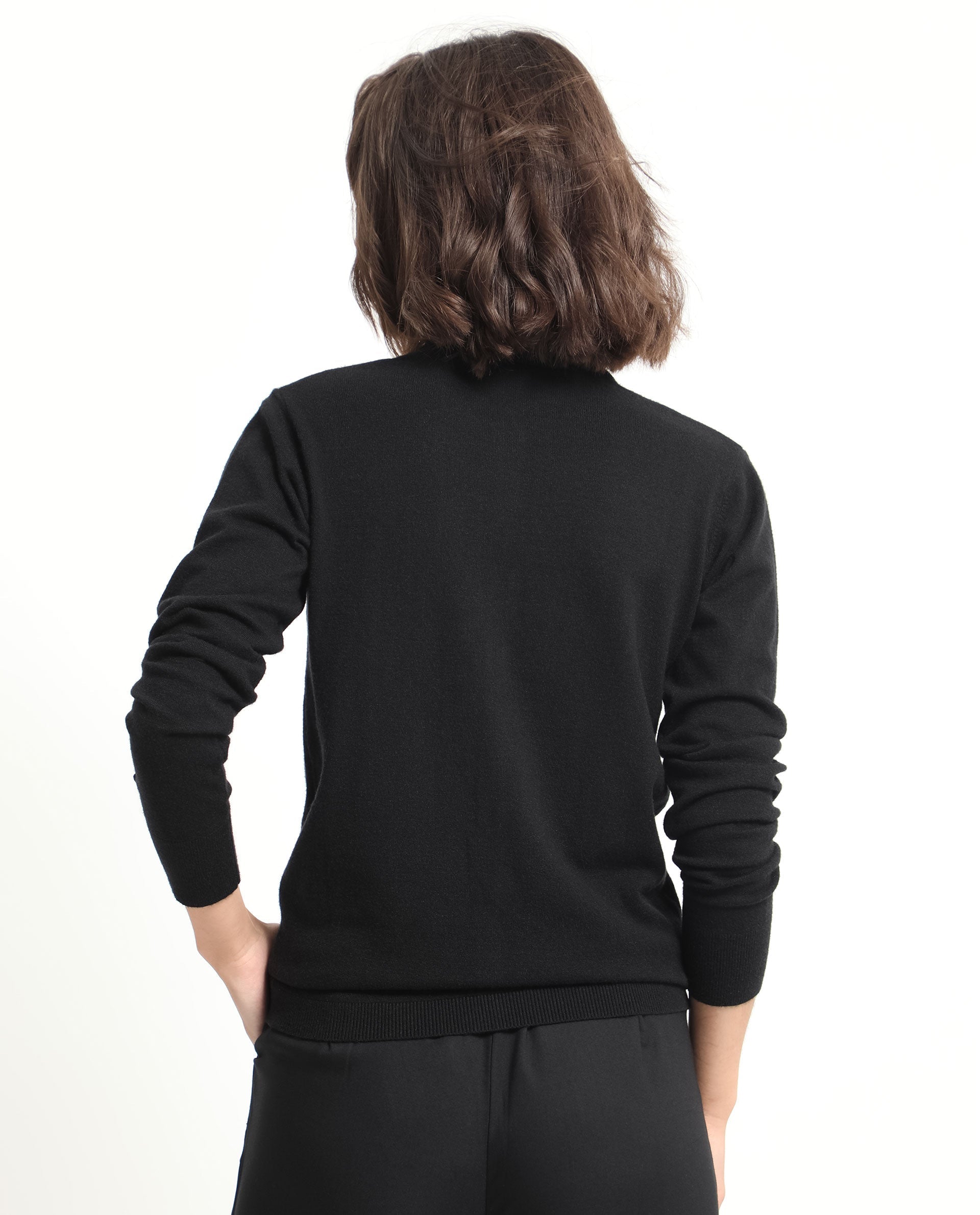 Rareism Women Alle Black Viscose Fabric Full Sleeves Button Closure Round Neck Regular Fit Plain Sweater