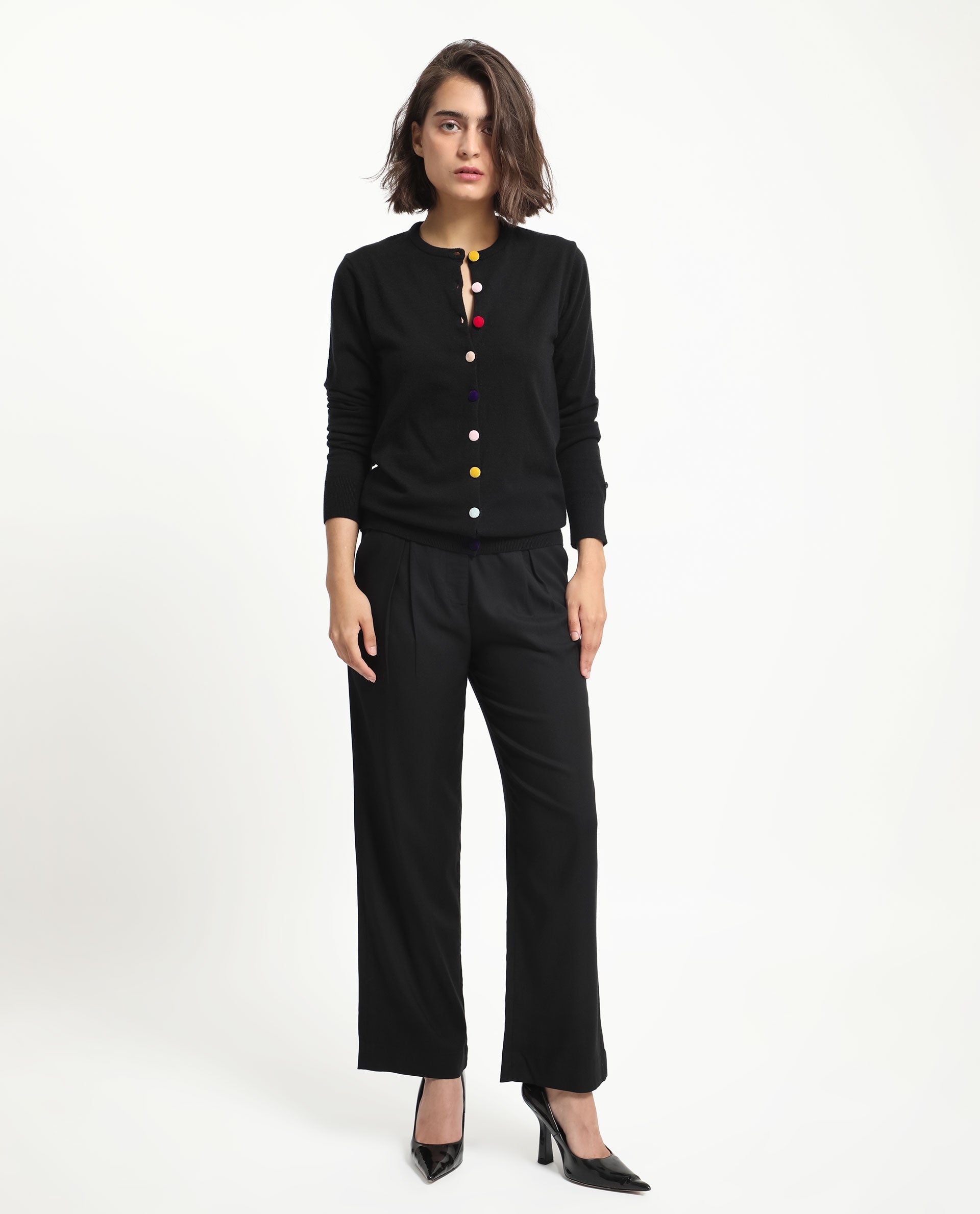 Rareism Women Alle Black Viscose Fabric Full Sleeves Button Closure Round Neck Regular Fit Plain Sweater