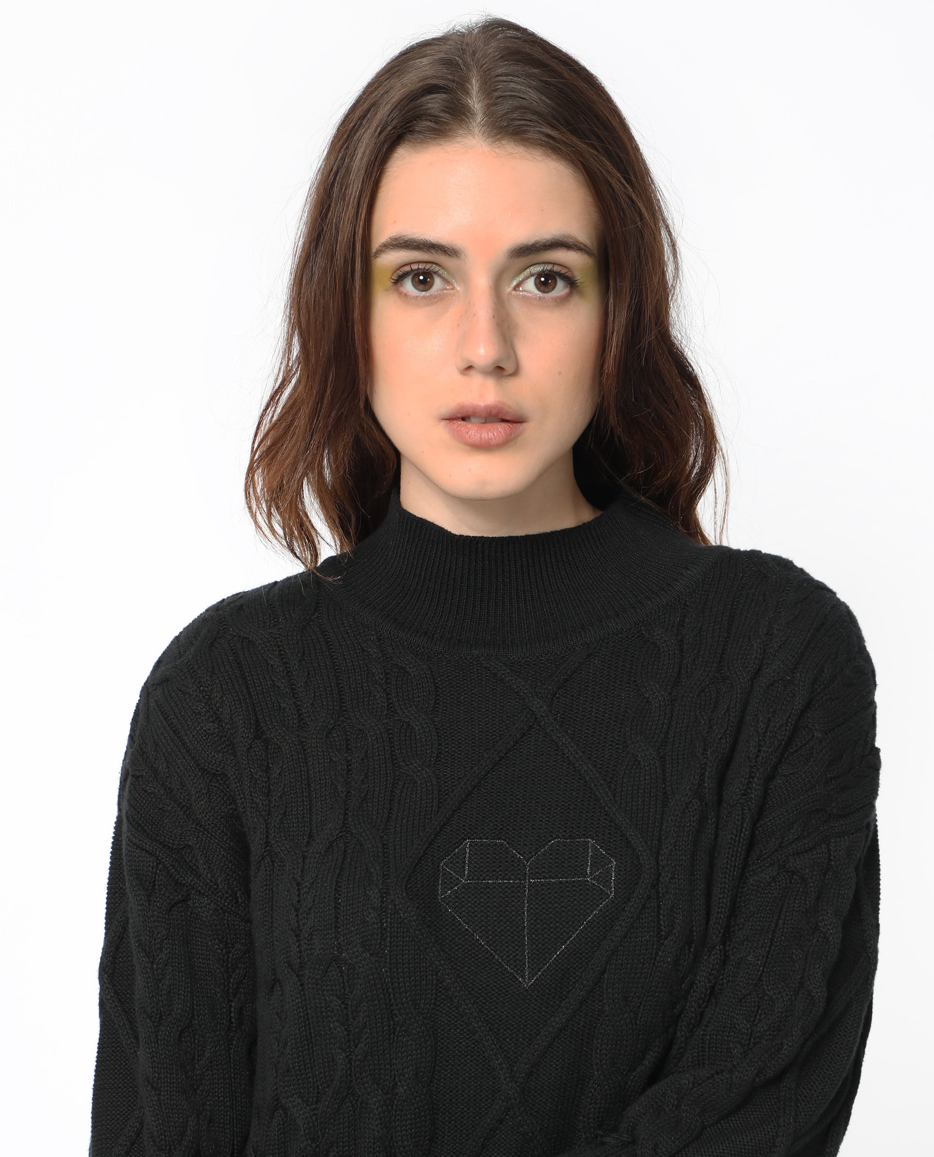 Rareism Women Allen Black Cotton Fabric Full Sleeves Regular Fit Solid Turtle Neck Sweater