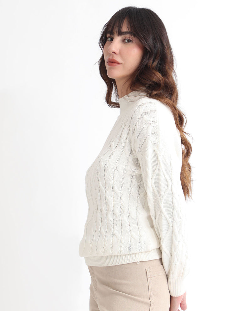 Rareism Women Allen Off White Cotton Fabric Full Sleeves Turtle Neck Regular Fit Plain Sweater