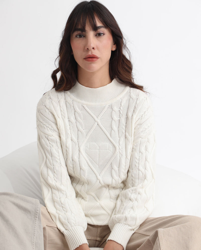 Rareism Women Allen Off White Cotton Fabric Full Sleeves Turtle Neck Regular Fit Plain Sweater