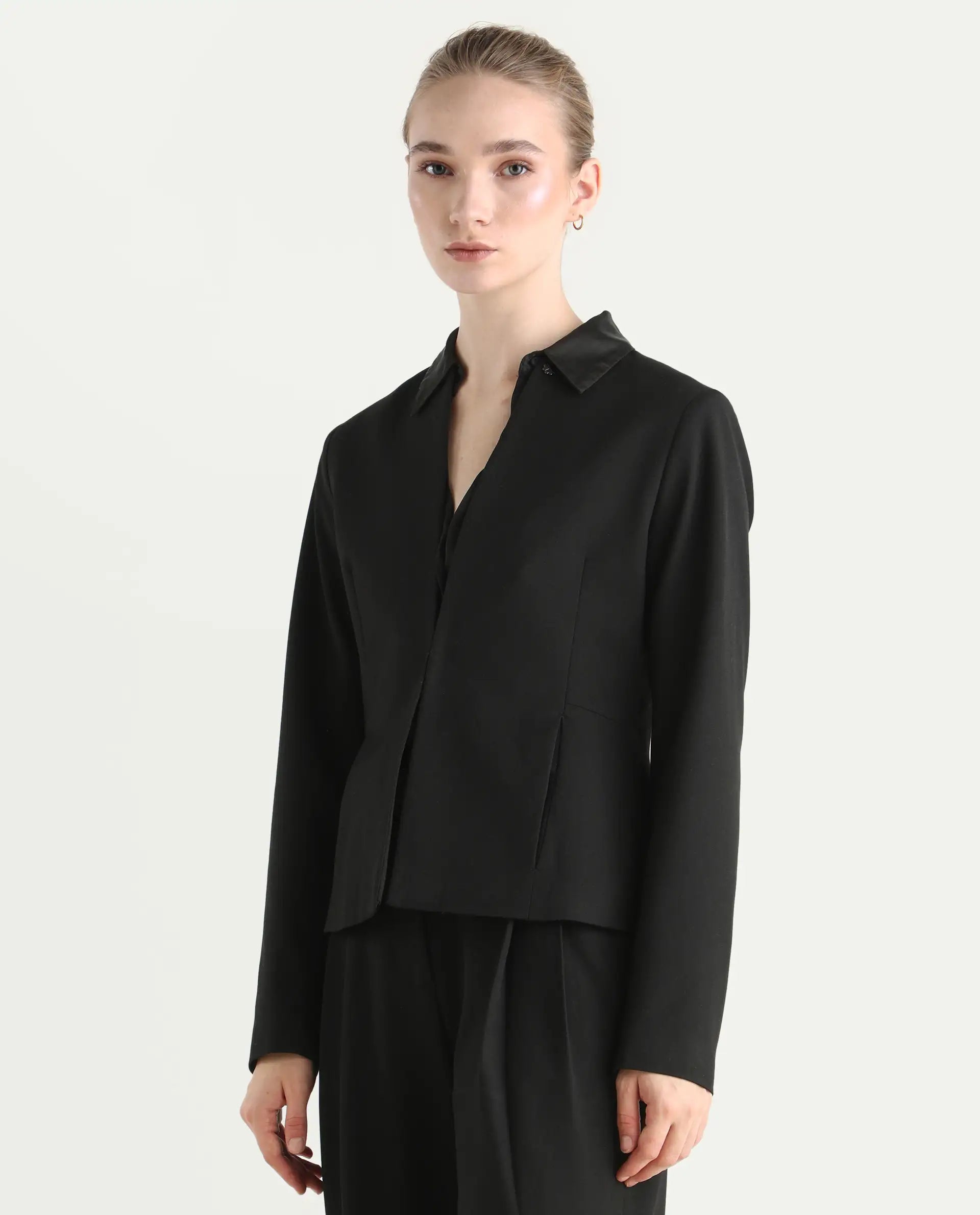 Rareism Women's Allenso Black Polyester Blend Full Sleeve Plain Blazer