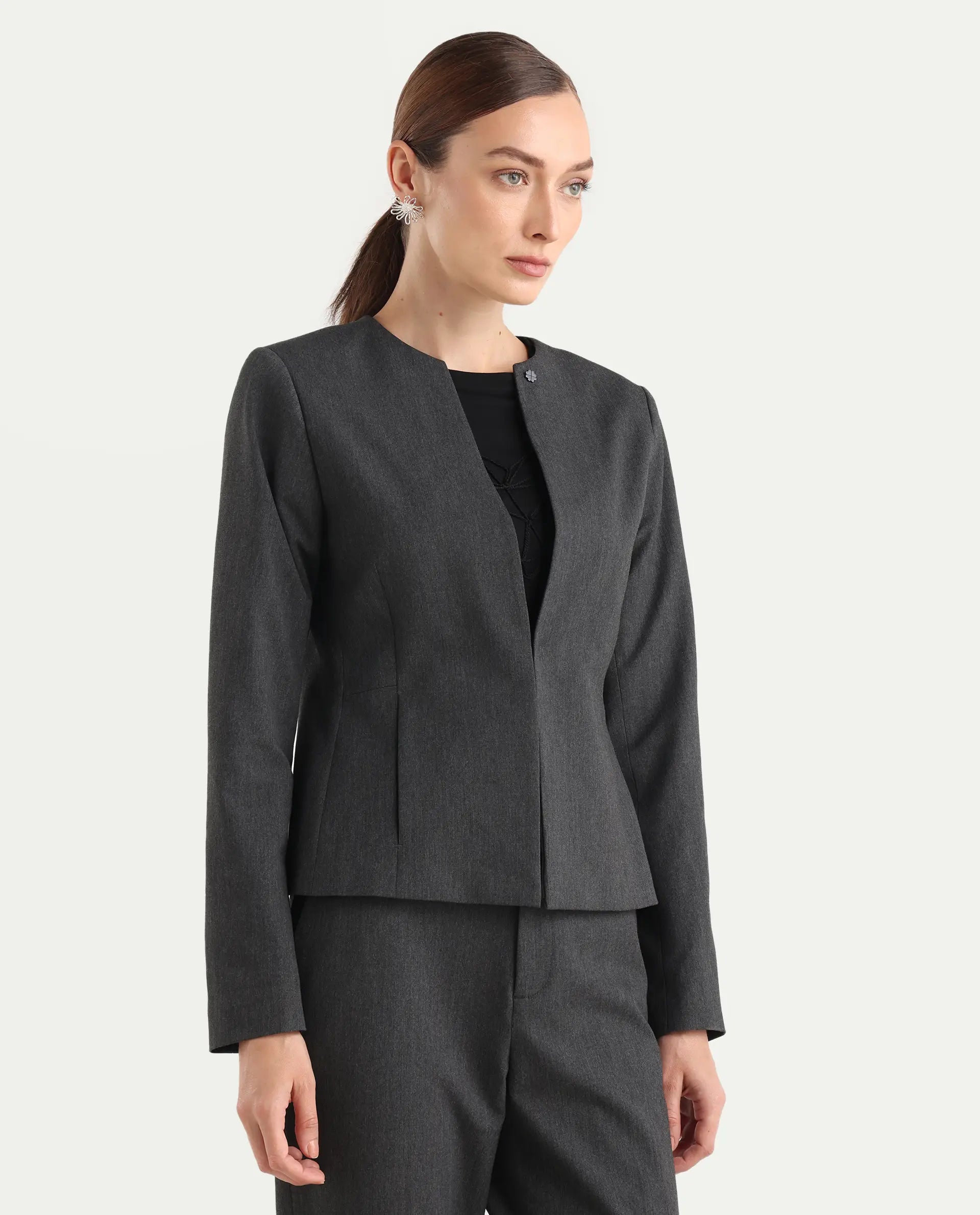 Rareism Women's Allenso Grey Polyester Blend Full Sleeve Plain Blazer