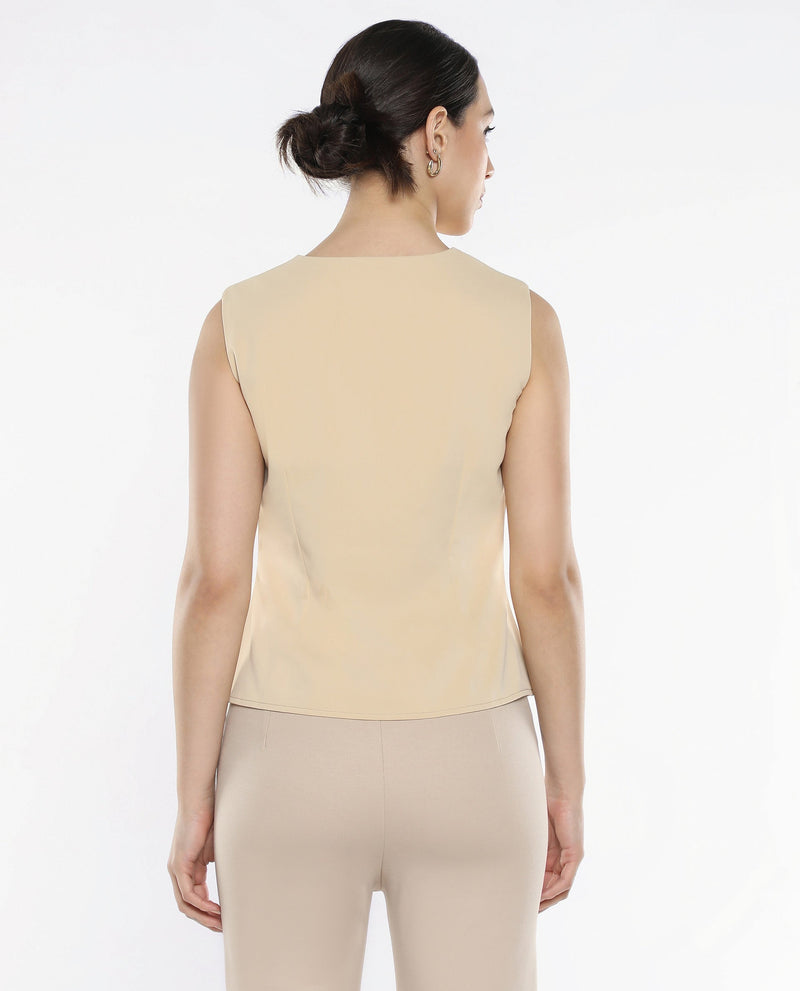 Rareism Women Alnam Beige Satin Sleeveless Over Lap Neck Button Closure Plain Top