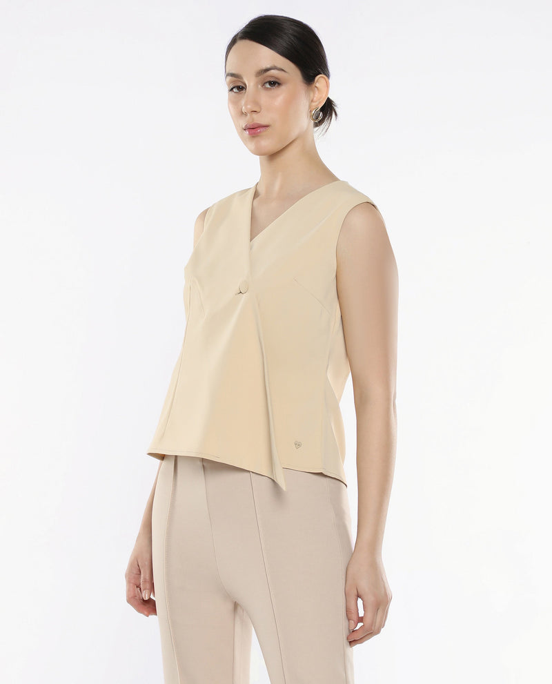 Rareism Women Alnam Beige Satin Sleeveless Over Lap Neck Button Closure Plain Top