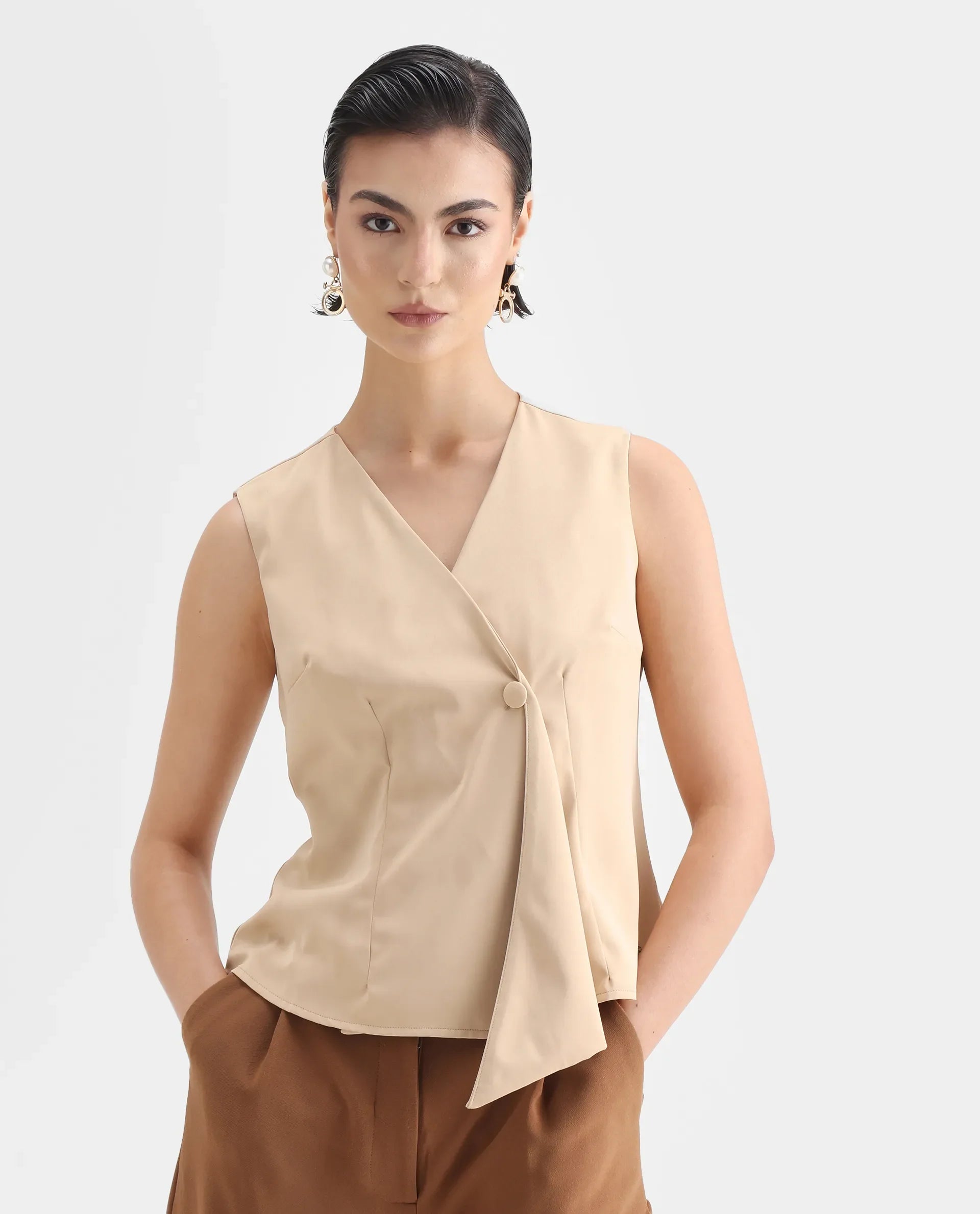 Rareism Women's Alnam Beige Satin Overlap Neck Dyed Sleeveless Regular Fit Top