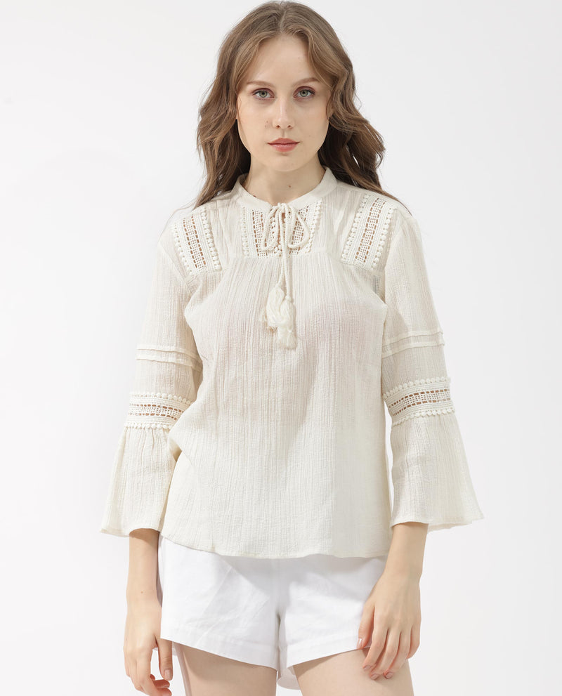 Rareism Women'S Alonzo Light Beige Cotton Fabric 3/4Th Sleeves Tie-Up Neck Regular Fit Plain Top