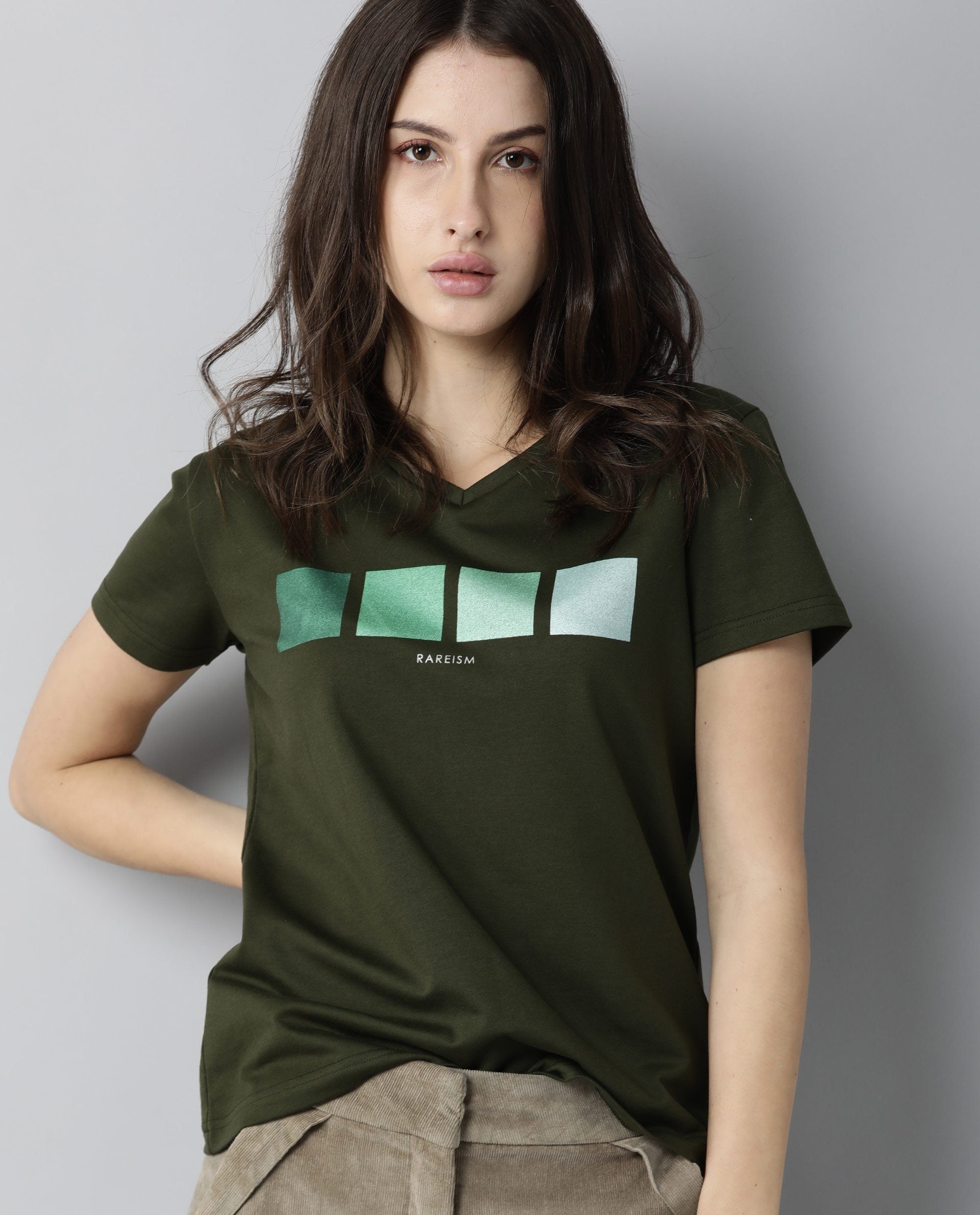 Rareism Womens Alpine Green T-Shirt Polycotton Fabric Regular Fit Short Sleeves V Neck