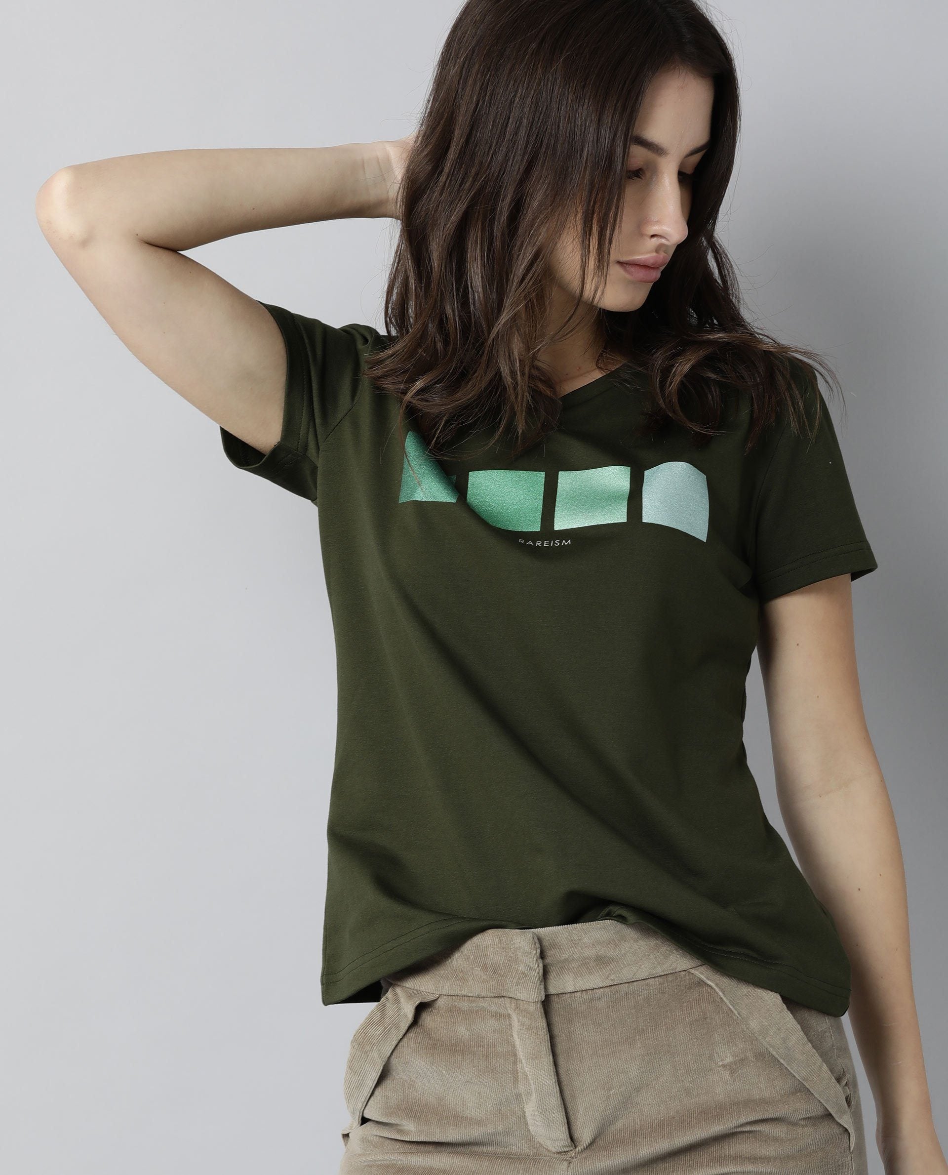 Rareism Womens Alpine Green T-Shirt Polycotton Fabric Regular Fit Short Sleeves V Neck